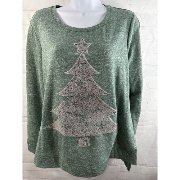 Holiday Home Tops - Women's Christmas Tree Long Sleeve Tshirt Green Silver Small Holiday Top